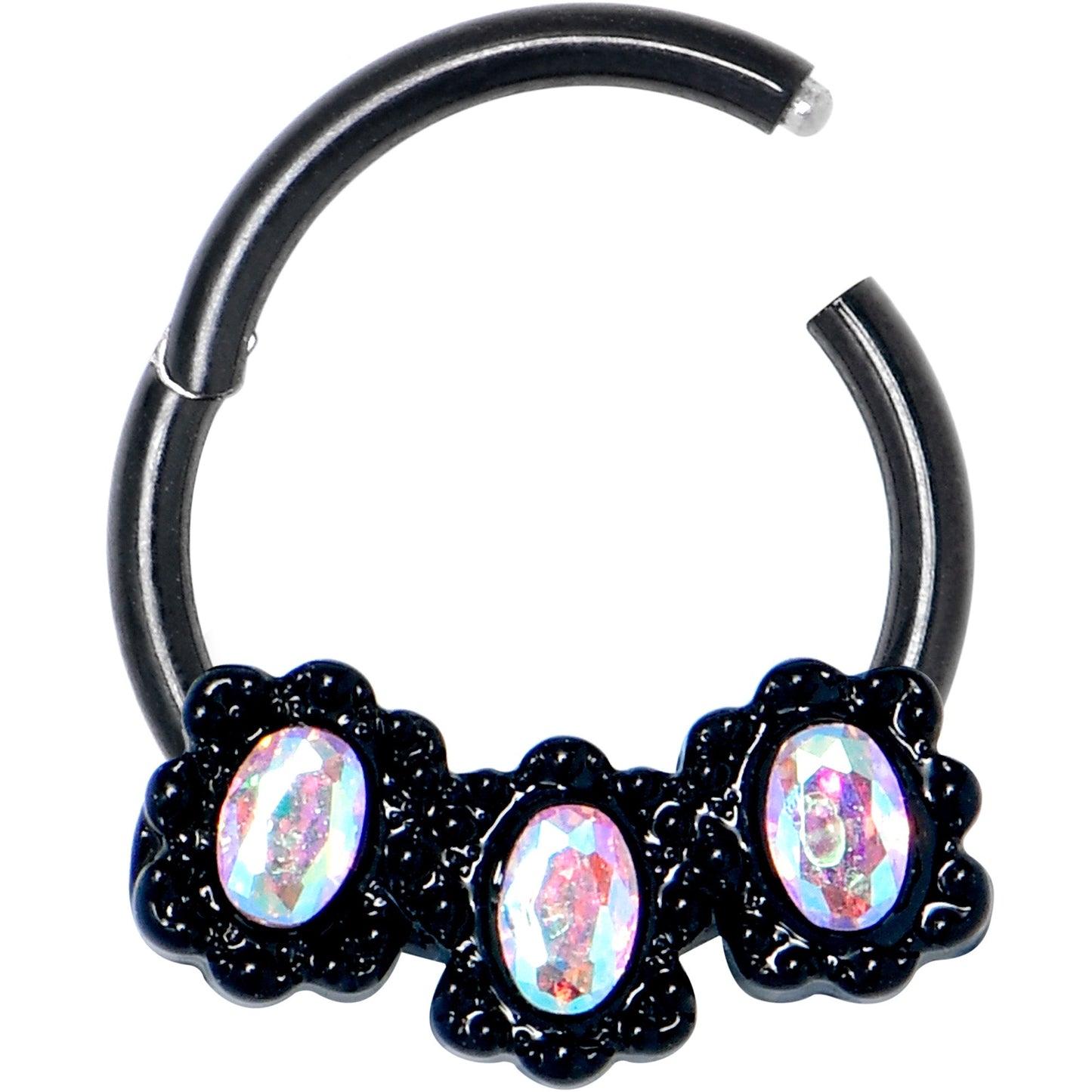 16G 3/8 Aurora Gem Black Magical Ovals Hinged Segment Ring