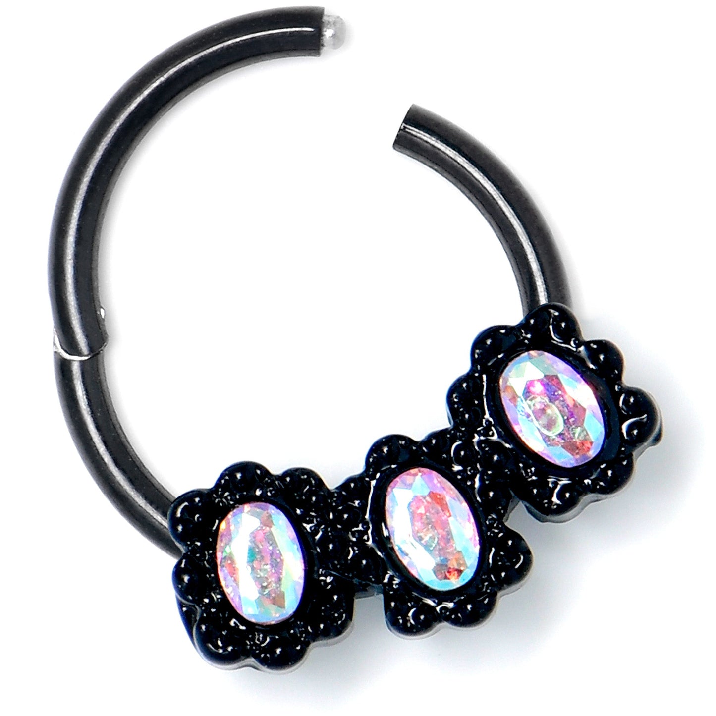16G 3/8 Aurora Gem Black Magical Ovals Hinged Segment Ring