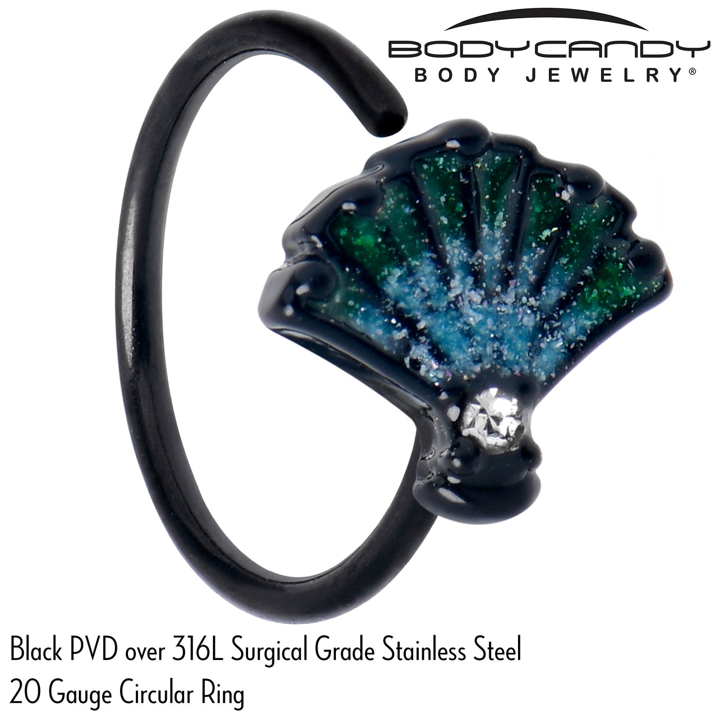 20G 5/16 Clear CZ Gem Black Serenity Ocean Magic Shell Nose Hoop