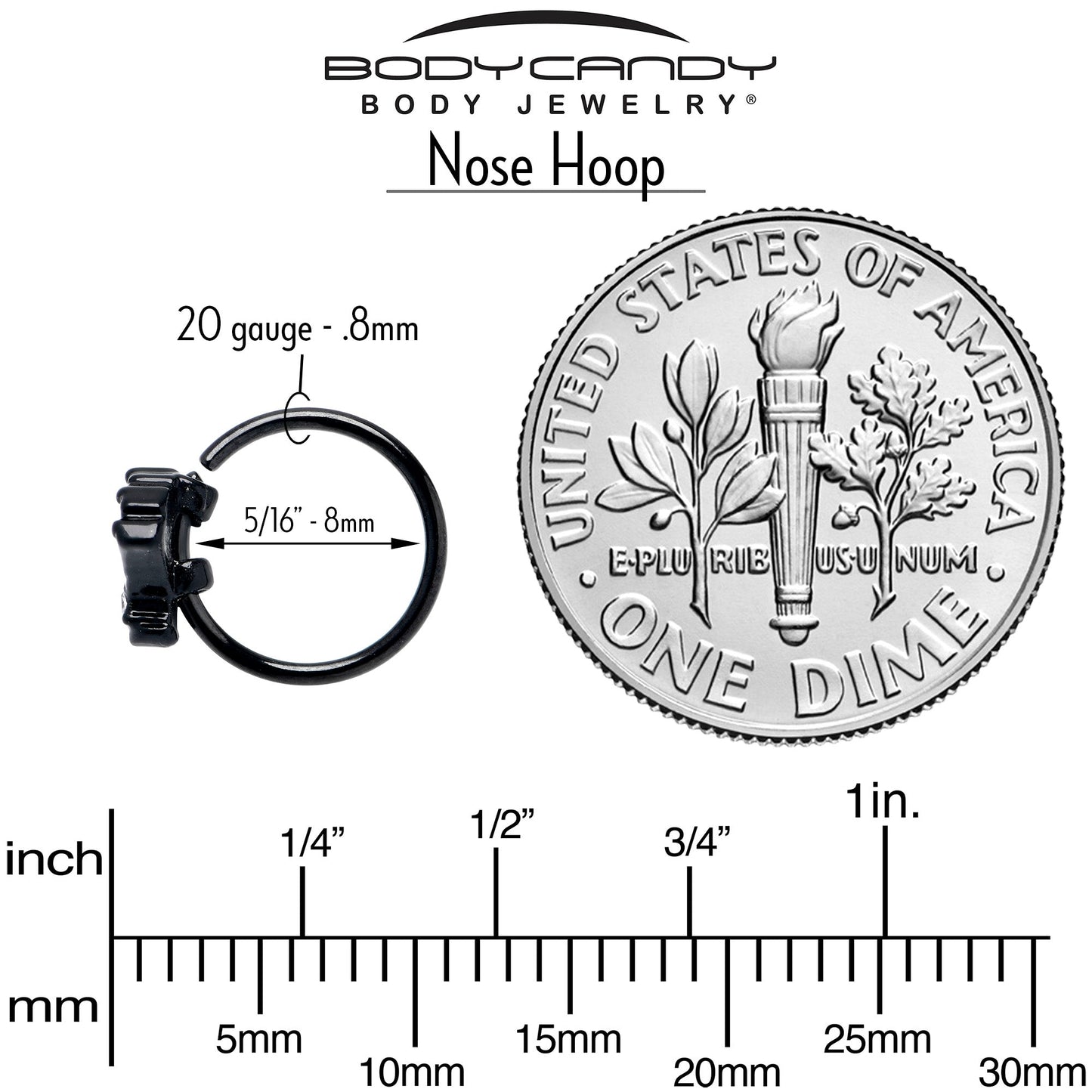 20G 5/16 Clear CZ Gem Black Serenity Ocean Magic Shell Nose Hoop