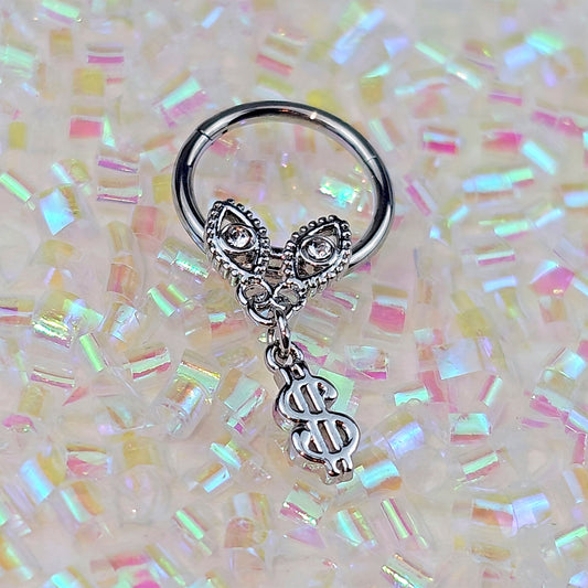 16G 3/8 Clear Gem Dollar Sign Dangle Hinged Segment Ring