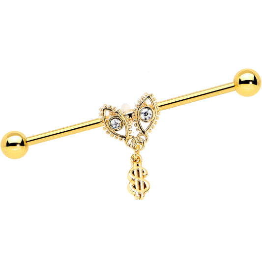 14G Clear Gem Gold Hue Seeing Money Dangle Industrial Barbell 38mm