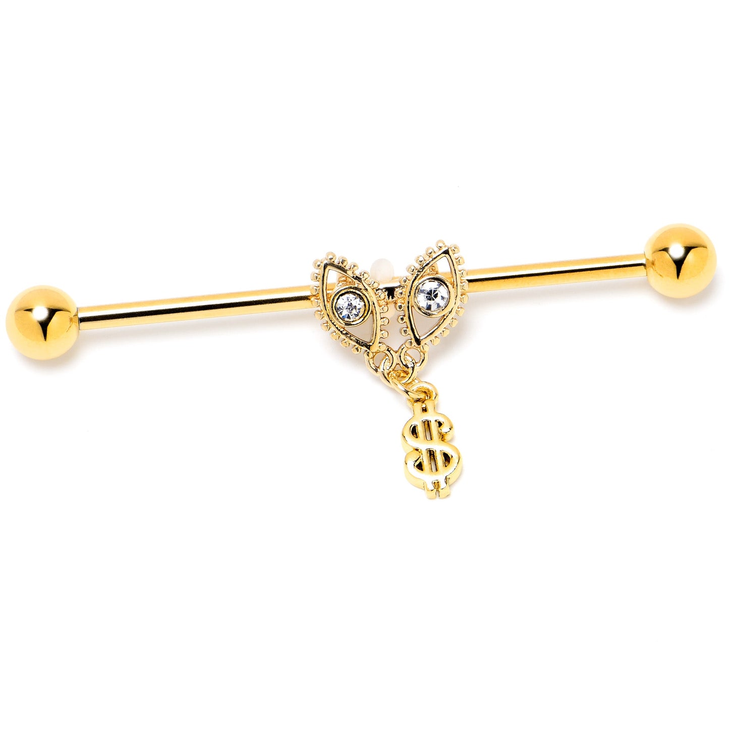 14G Clear Gem Gold Hue Seeing Money Dangle Industrial Barbell 38mm