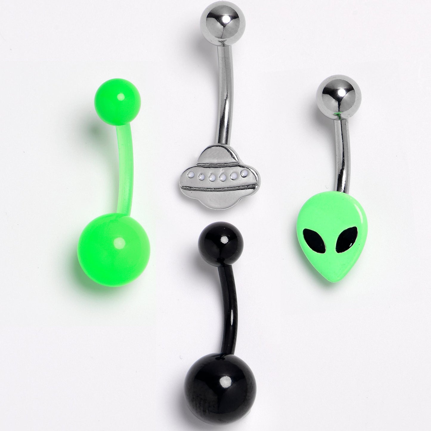 Green Black Alien Spaceship Belly Ring Set of 4