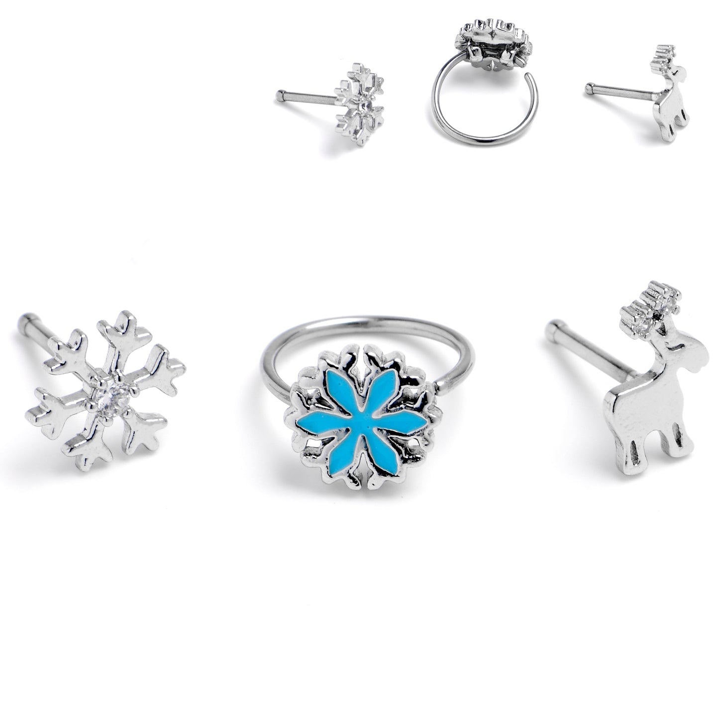 20G 1/4 Clear Gem Holiday Snowflakes Blue Nose Bone Hoop Set of 3
