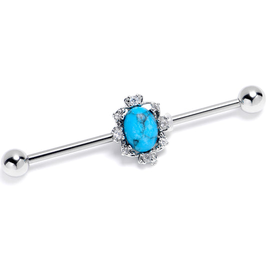 14G Blue Turquoise Stone Filigree Square Industrial Barbell 38mm