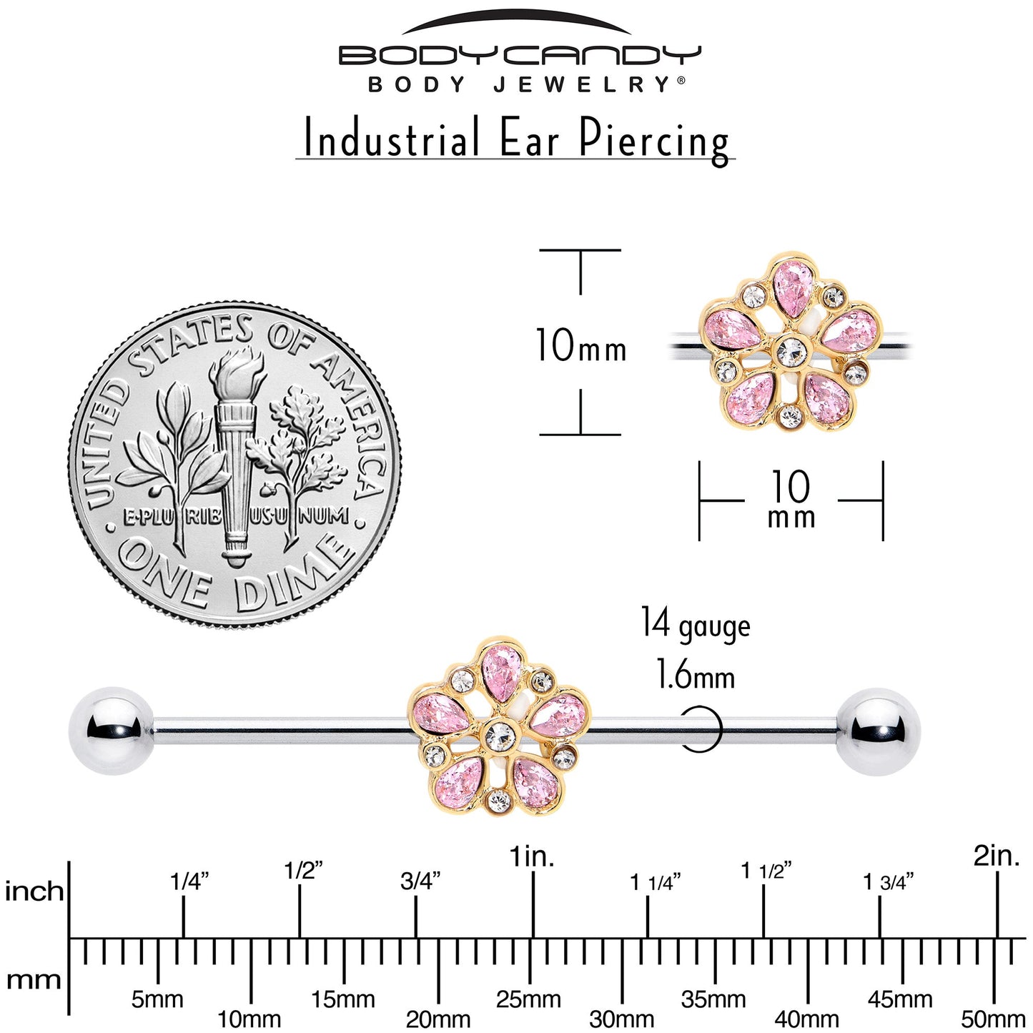 14G Pink Gem Filigree Flower Fantasy Industrial Barbell 38mm