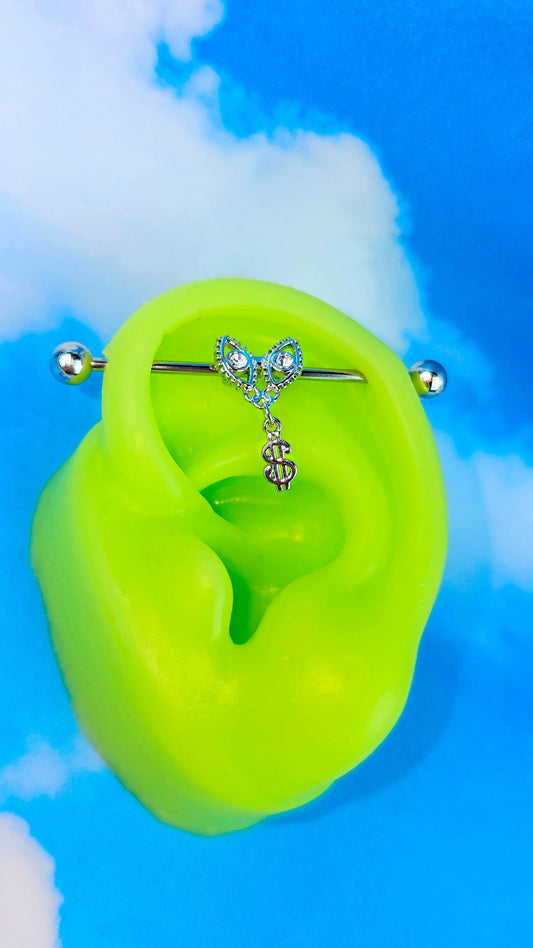 14G Clear Gem Seeing Money Dangle Industrial Barbell 38mm