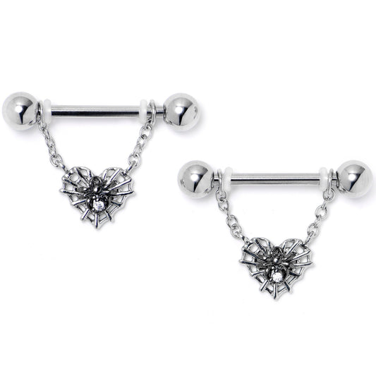 14G 9/16 Clear CZ Gem Heart of Spider Chain Dangle Nipple Ring Set