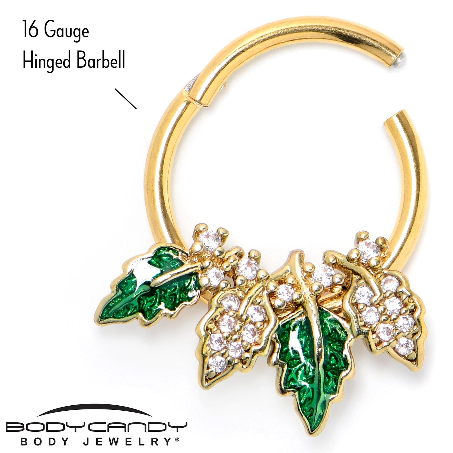 16G 3/8 Clear CZ Gem Gold Tone Leafy Beauty Hinged Segment Ring