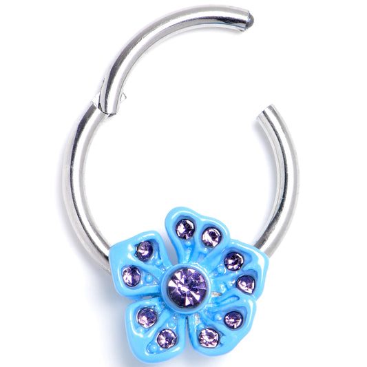 16G 3/8 Purple Gem Flower Blue Bloom Hinged Segment Ring