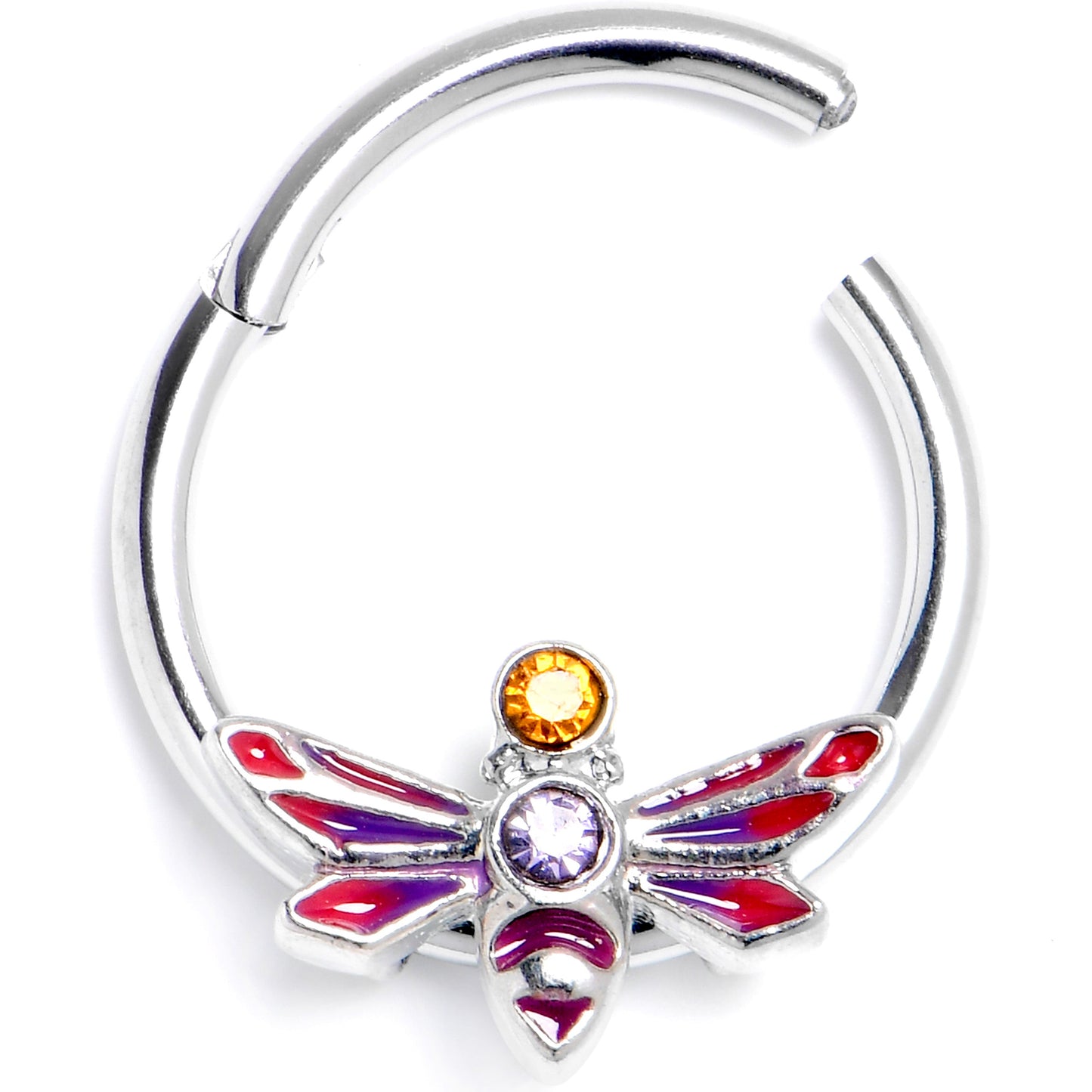 16G 3/8 Purple Yellow Gem Dragonfly Stripe Hinged Segment Ring