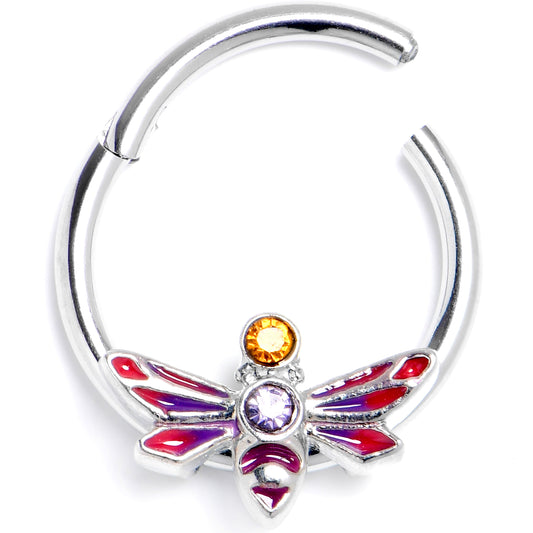 16G 3/8 Purple Yellow Gem Dragonfly Stripe Hinged Segment Ring
