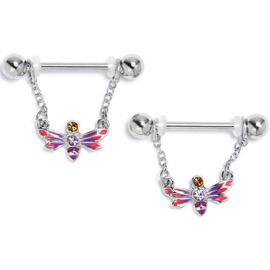 14G 9/16 Purple Yellow Gem Dragonfly Stripe Dangle Nipple Ring Set
