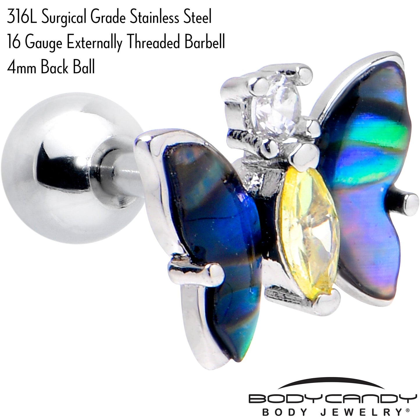 16G 1/4 Clear Yellow Gem Dark Butterfly Cartilage Tragus Earring