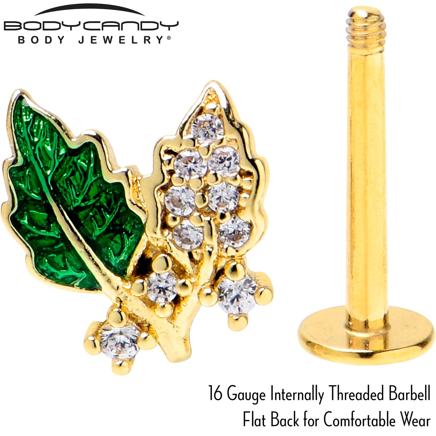 16G 5/16 Clear CZ Gem Gold Tone Leafy Beauty Labret Monroe Tragus