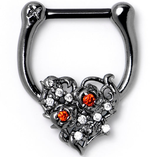 16G 5/16 Red Clear CZ Black Floral Heart Cartilage Clicker