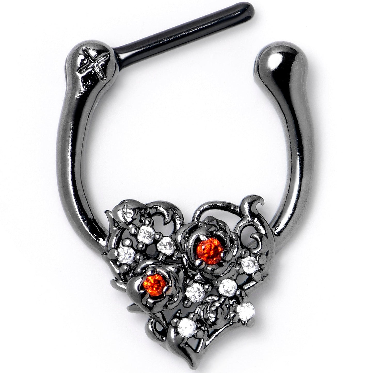 16G 5/16 Red Clear CZ Black Floral Heart Cartilage Clicker