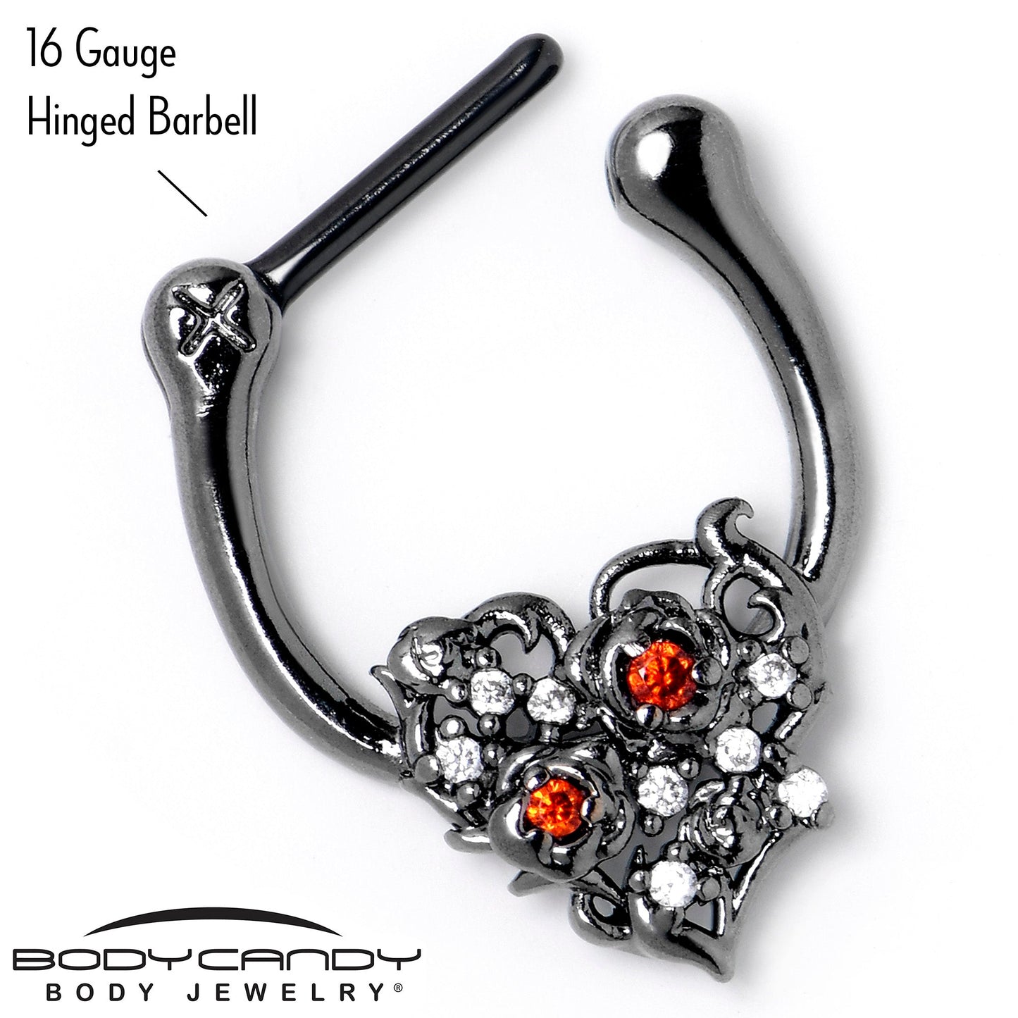 16G 5/16 Red Clear CZ Black Floral Heart Cartilage Clicker