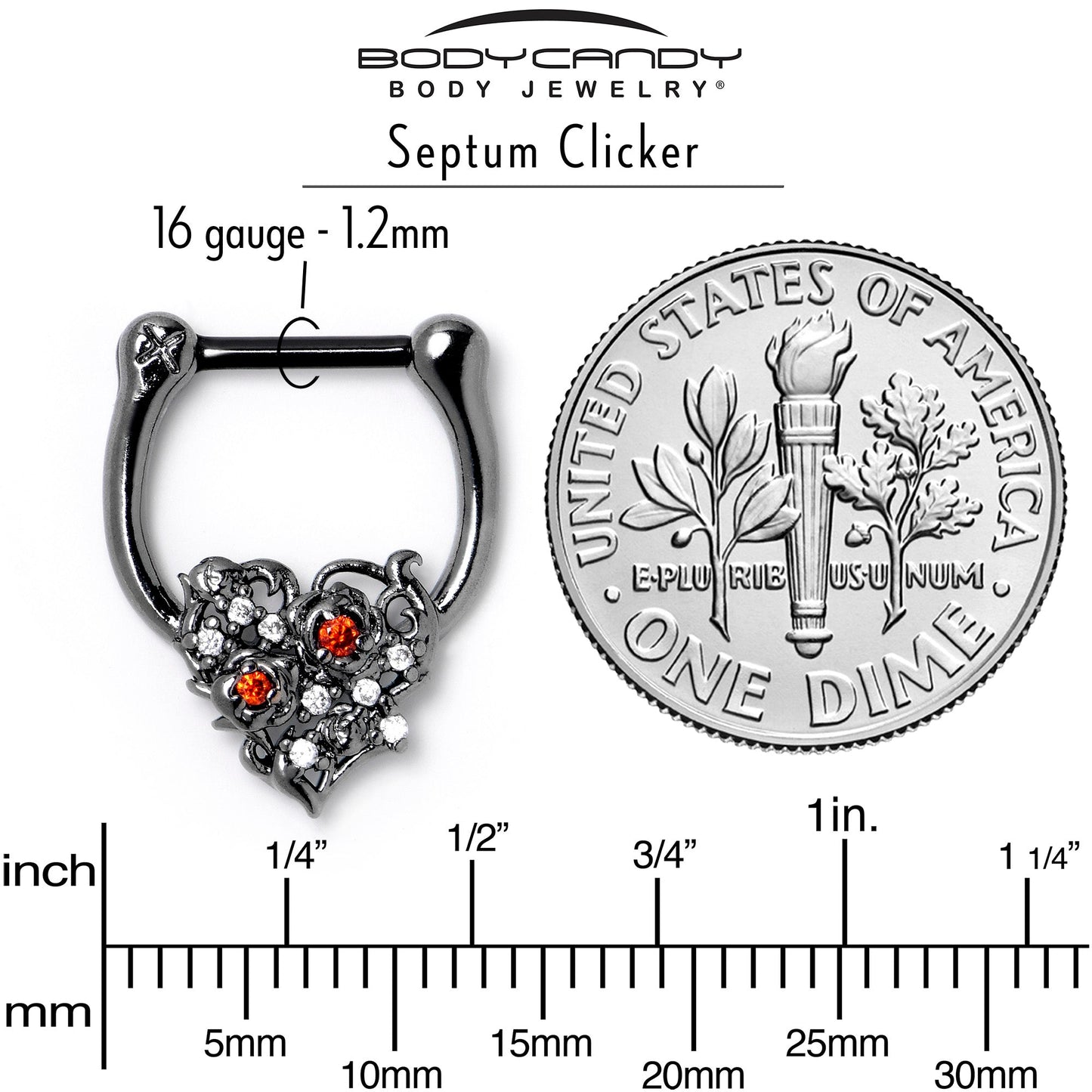 16G 5/16 Red Clear CZ Black Floral Heart Cartilage Clicker