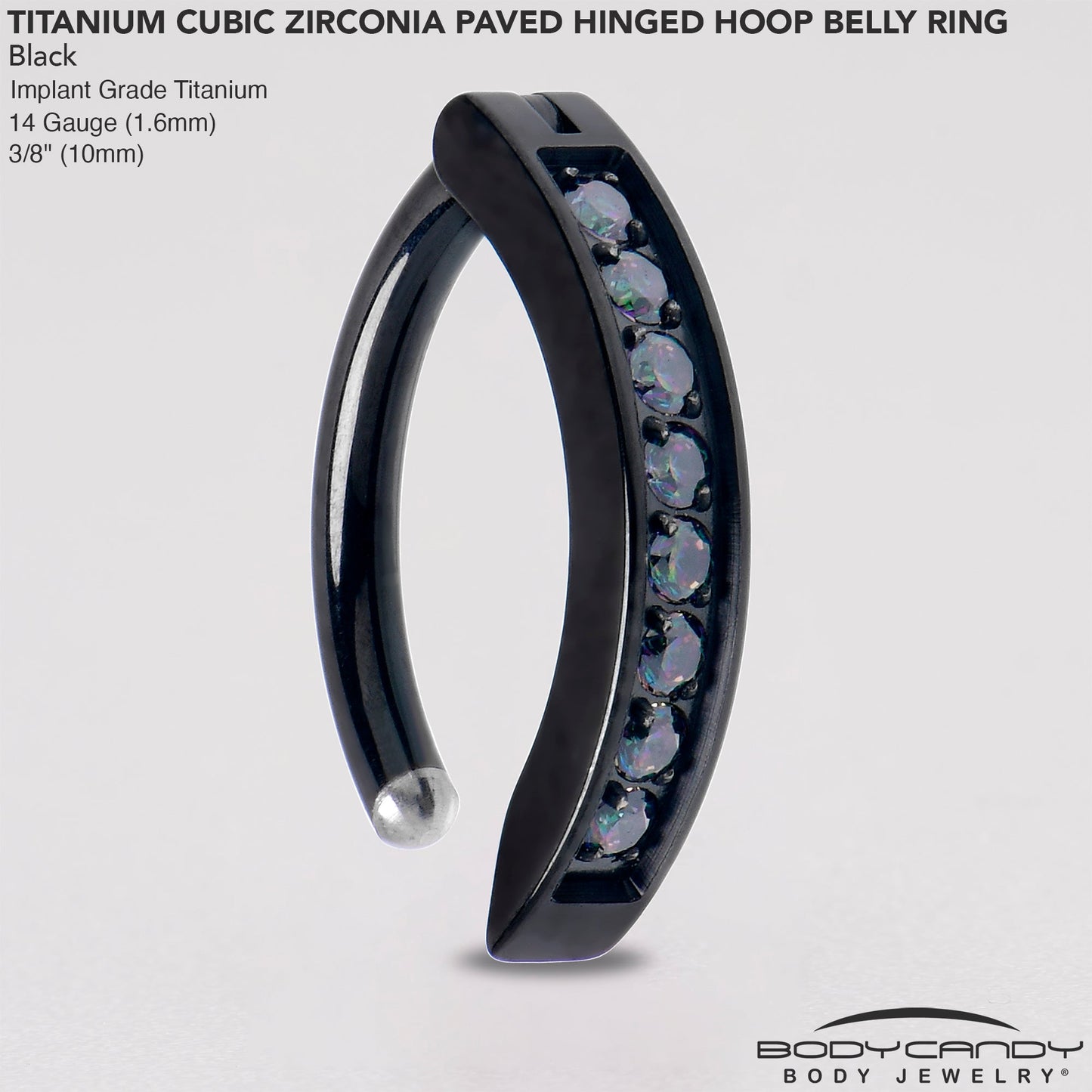 14G 3/8  Black Implant Grade Titanium CZ Paved Hinged Hoop Belly Ring