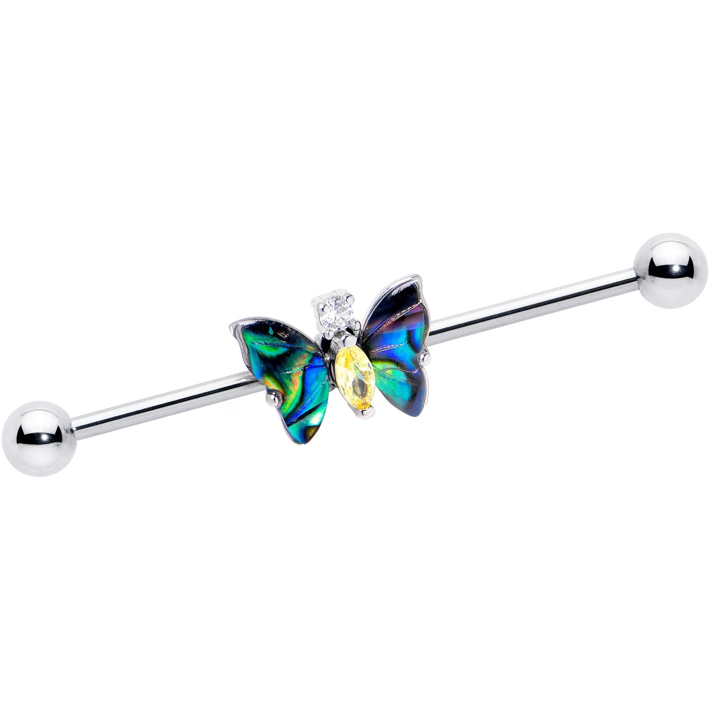 14G Yellow Clear Gem Dark Butterfly Industrial Barbell 38mm