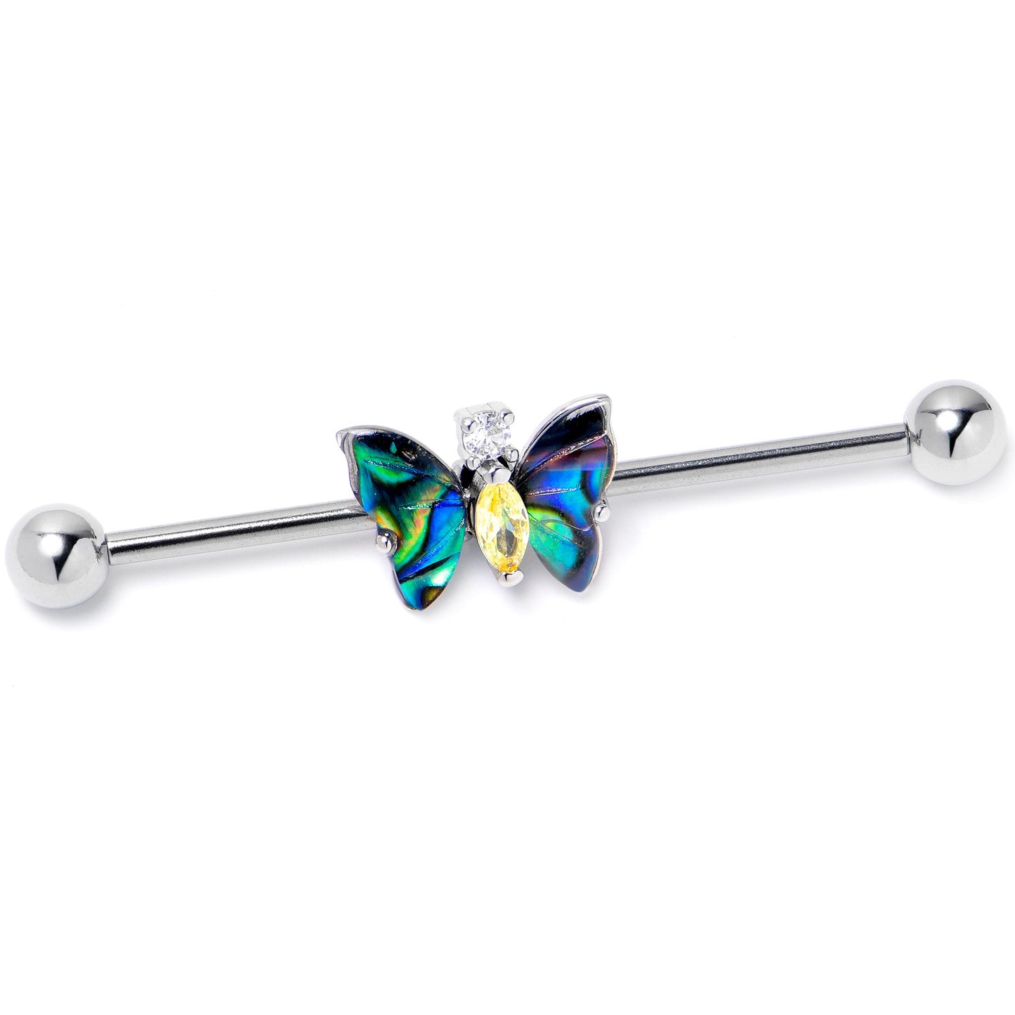 14G Yellow Clear Gem Dark Butterfly Industrial Barbell 38mm