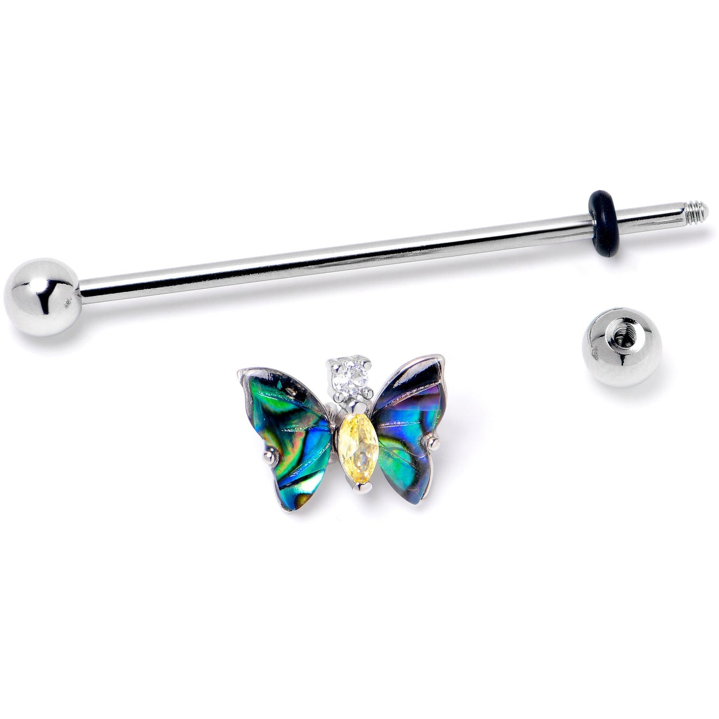 14G Yellow Clear Gem Dark Butterfly Industrial Barbell 38mm