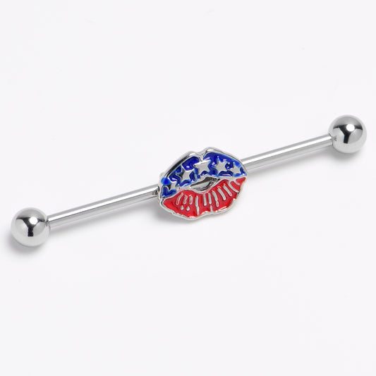 14G Patriotic Kissy Lips Inlay Industrial Barbell 38mm