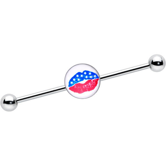 14G Inlay Patriotic Kissy Lips Industrial Barbell 38mm