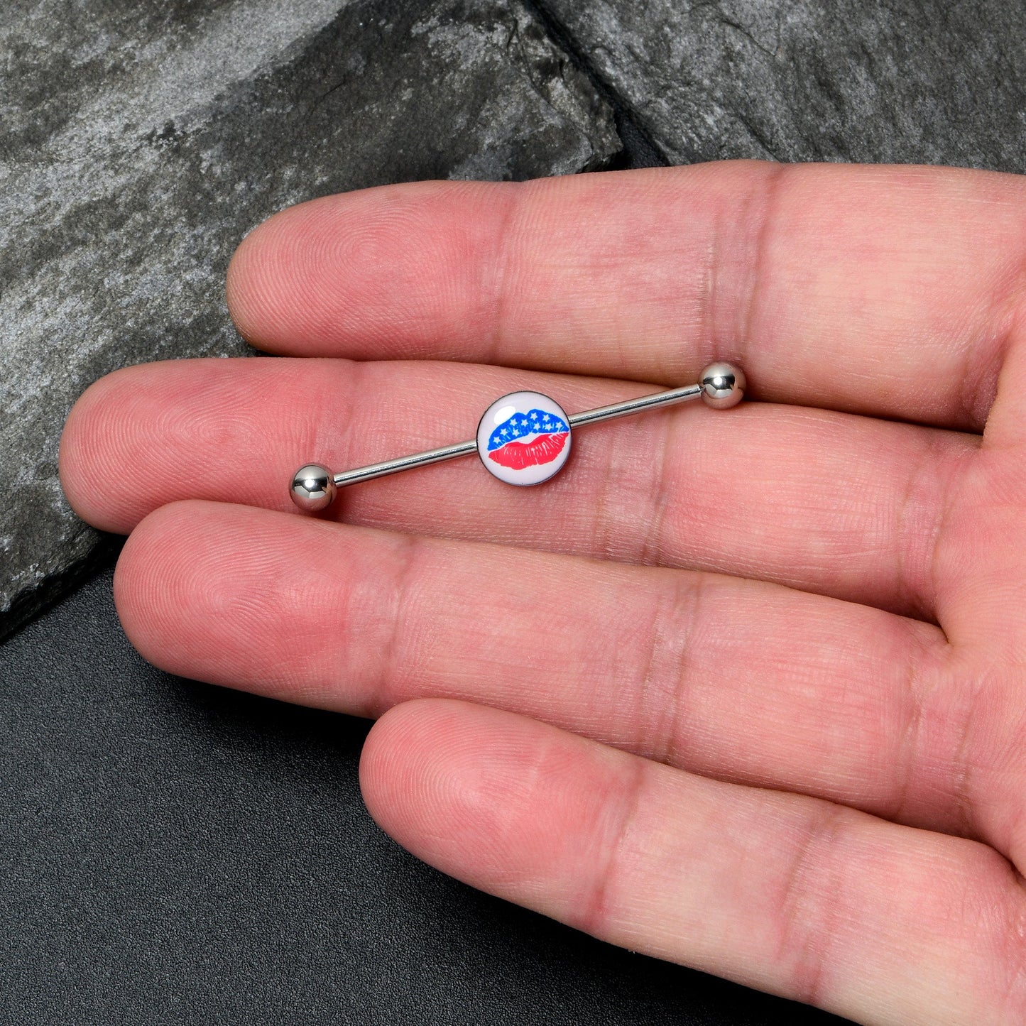 14G Inlay Patriotic Kissy Lips Industrial Barbell 38mm