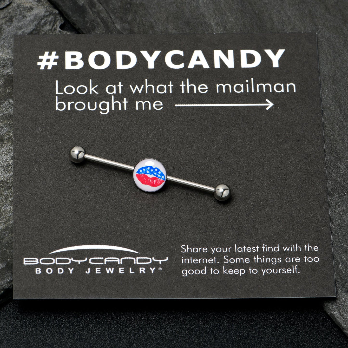 14G Inlay Patriotic Kissy Lips Industrial Barbell 38mm