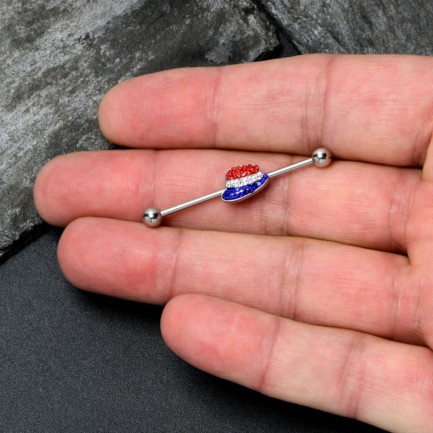 14G Red Blue Clear Gem Patriotic Hat Industrial Barbell 38mm