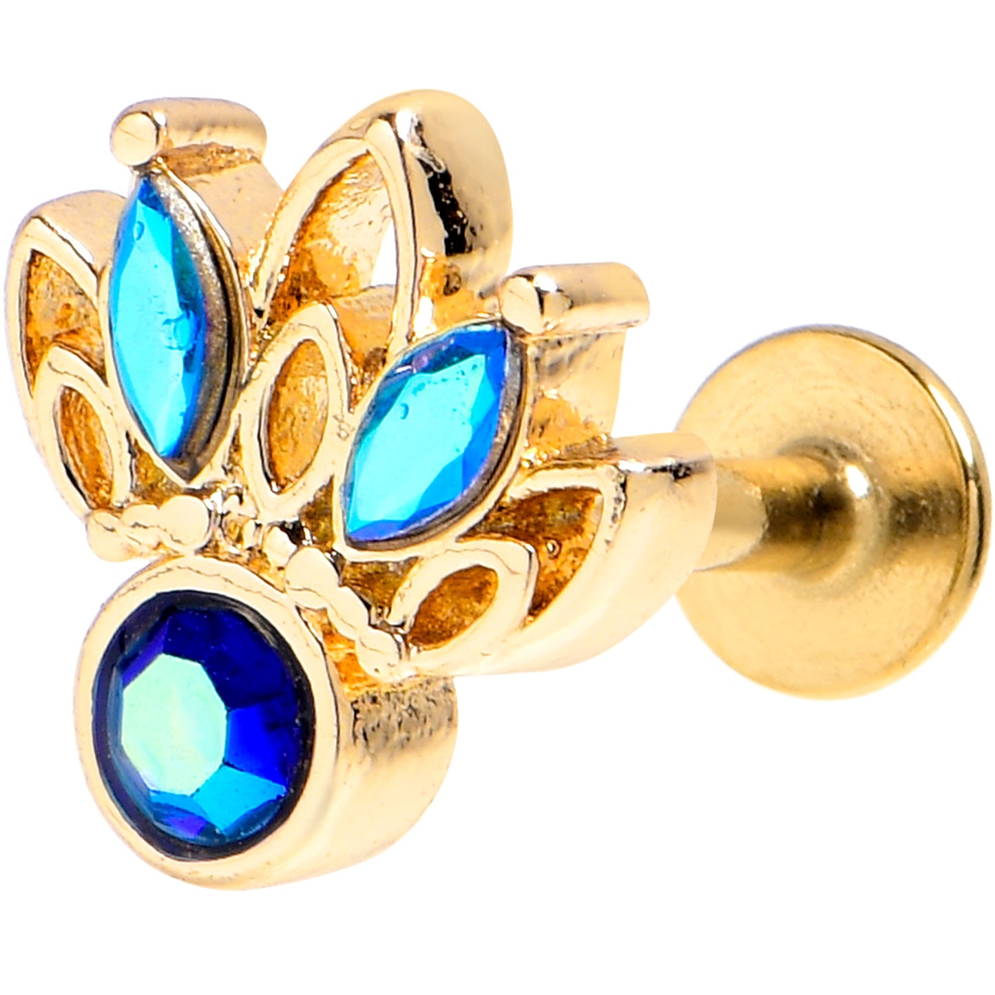 16G 1/4 Blue Gem Gold Tone Filigree Tiara Labret