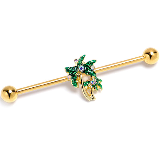 14G Aurora Gem Gold Tone Palm Tree Glam Industrial Barbell 38mm