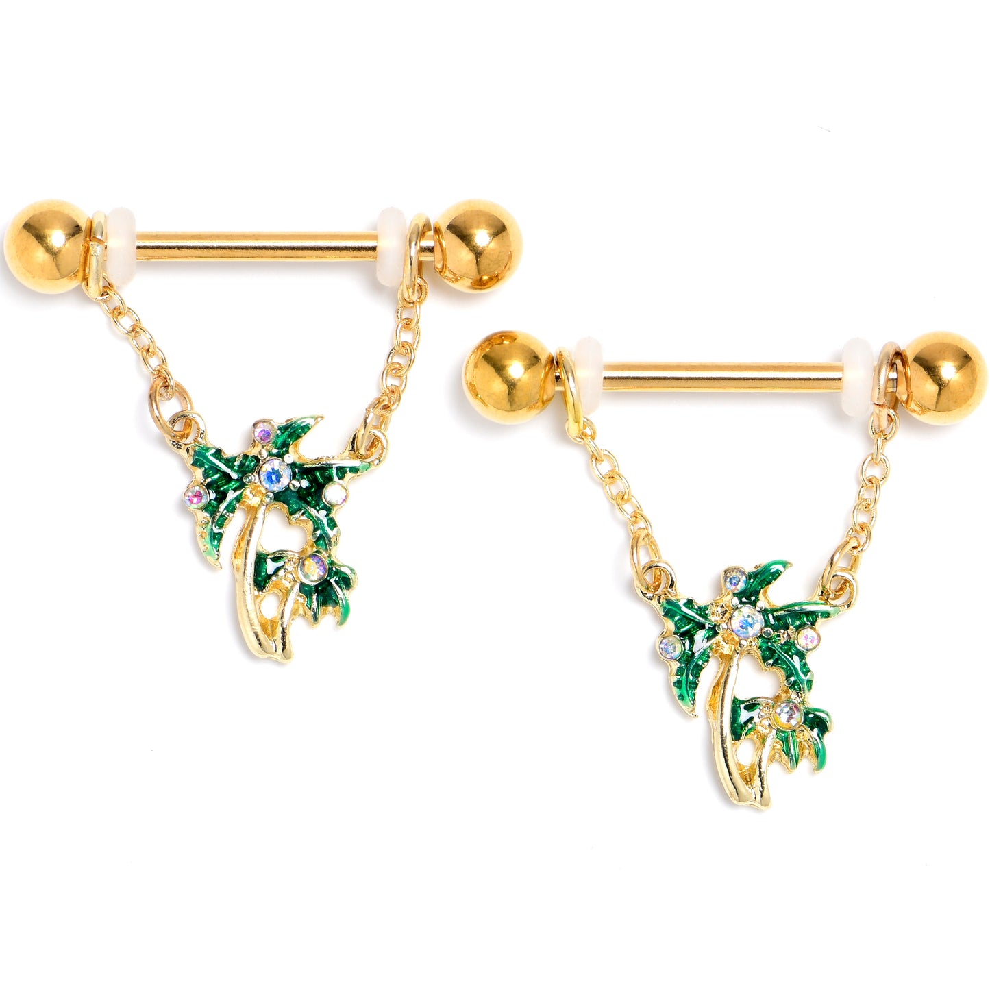 14G 9/16 Aurora Gem Gold Tone Palm Tree Glam Dangle Nipple Ring Set