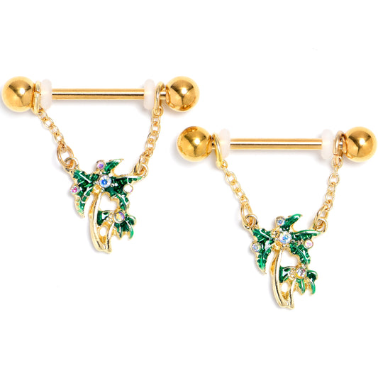 14G 9/16 Aurora Gem Gold Tone Palm Tree Glam Dangle Nipple Ring Set