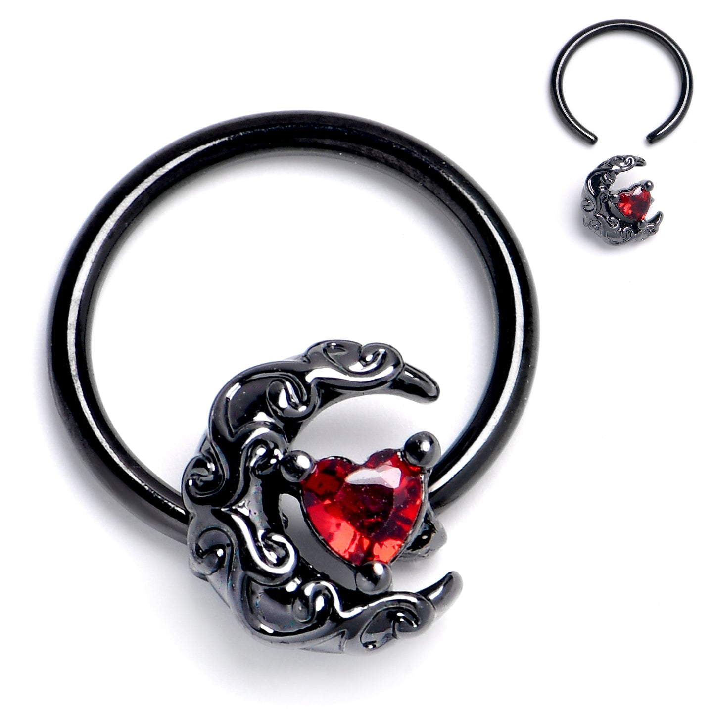 16G 3/8 Red Gem Black Scroll Moon Heart BCR Captive Ring