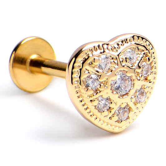 16G 5/16 Clear CZ Gem Gold Tone Ultra Luxe Heart Labret Tragus