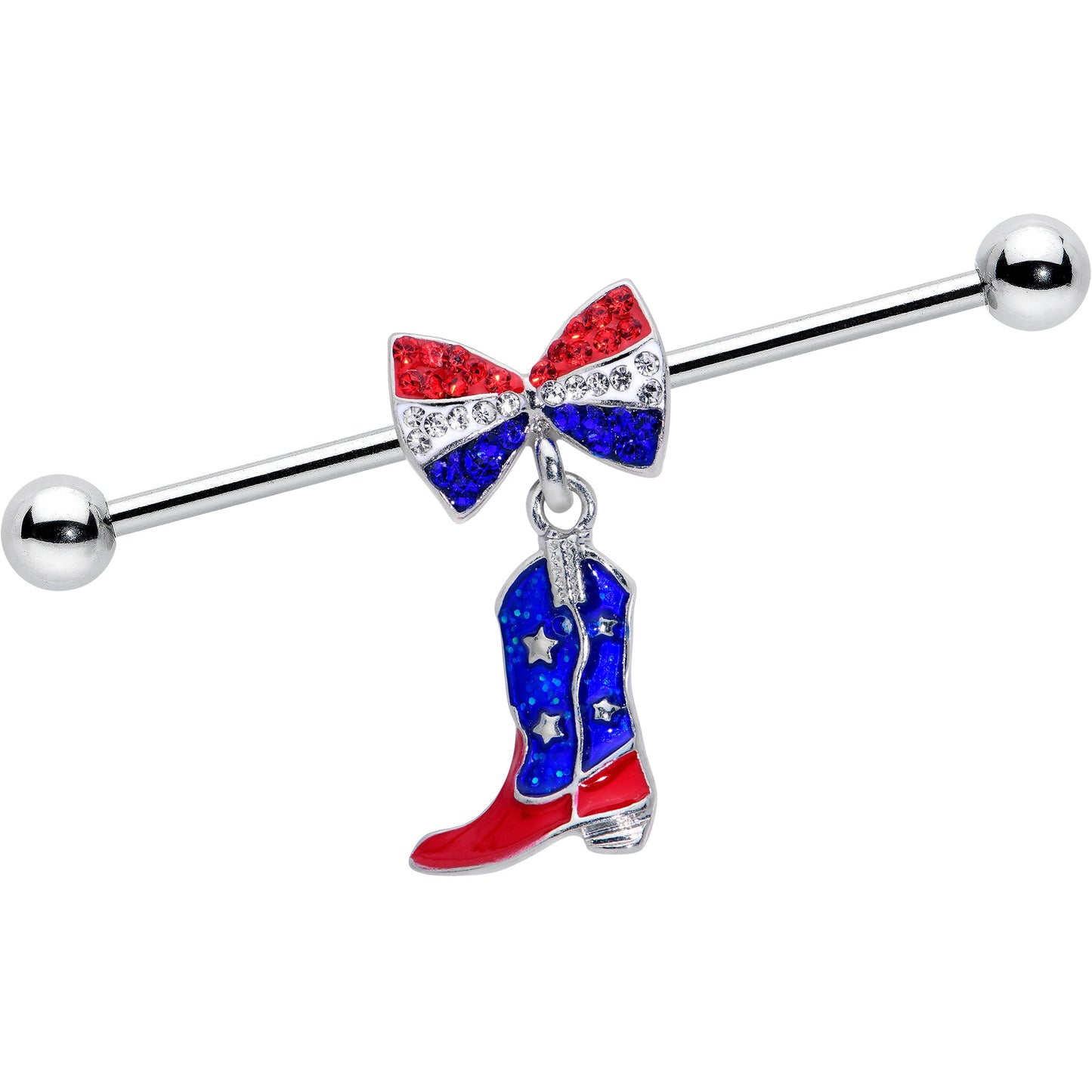 14G Red Blue Gem Bow Cowboy Boot Patriotic Industrial Barbell 38mm