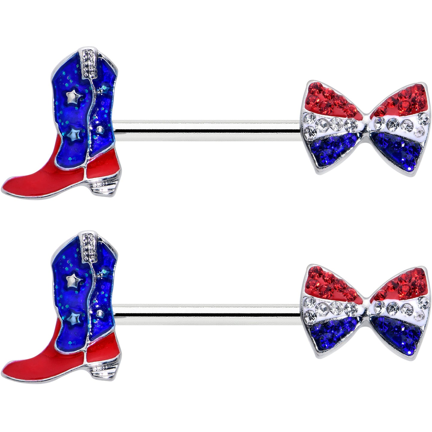 14G 9/16 Red Blue Gem Bow Cowboy Boot Patriotic Nipple Ring Set
