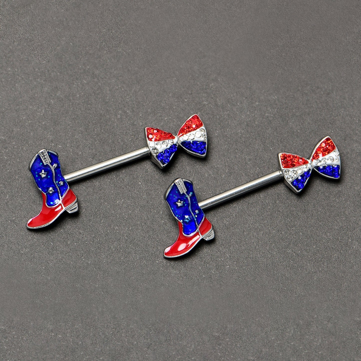14G 9/16 Red Blue Gem Bow Cowboy Boot Patriotic Nipple Ring Set
