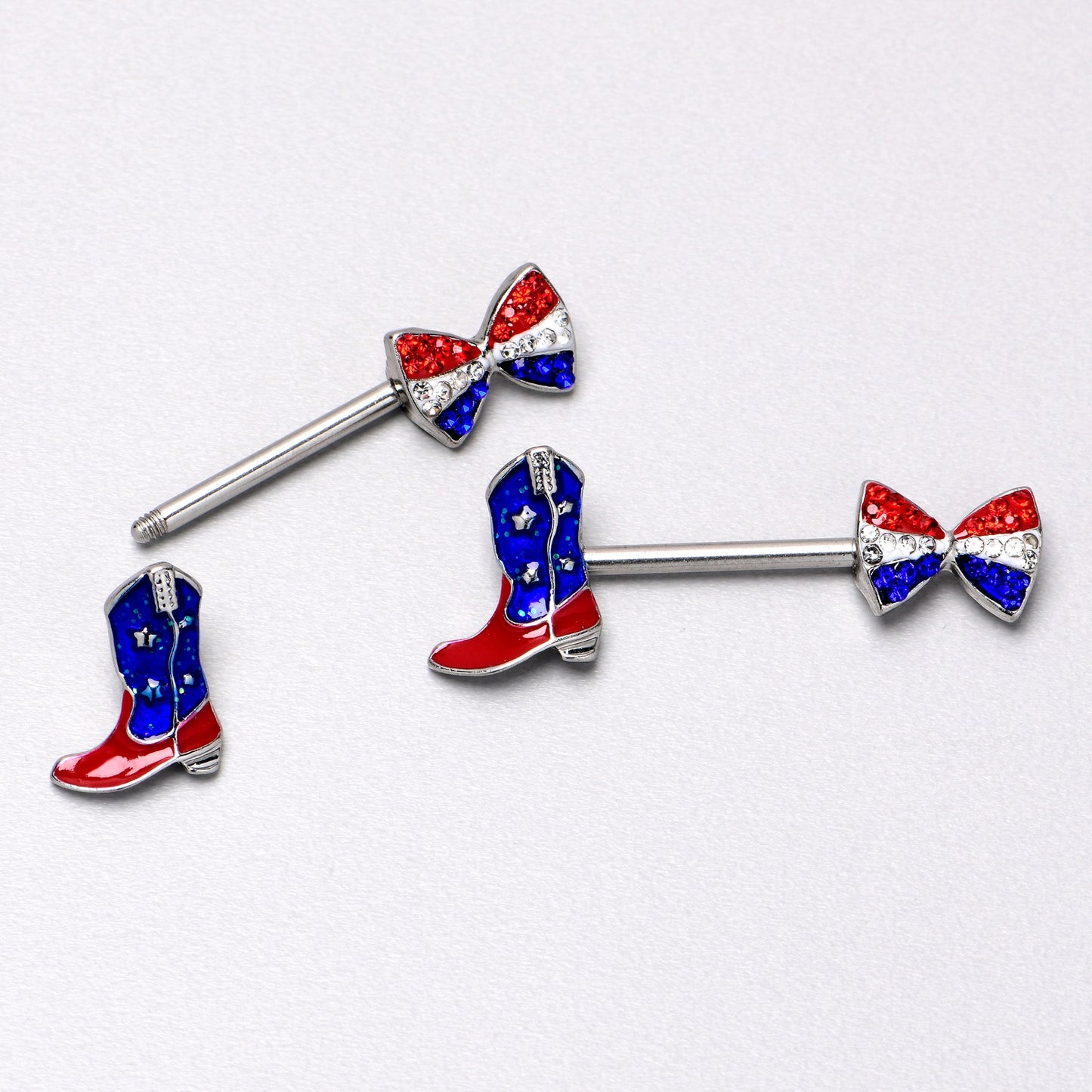 14G 9/16 Red Blue Gem Bow Cowboy Boot Patriotic Nipple Ring Set