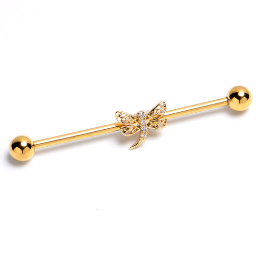14G Clear Gem Gold Tone Filigree Dragonfly Industrial Barbell 38mm