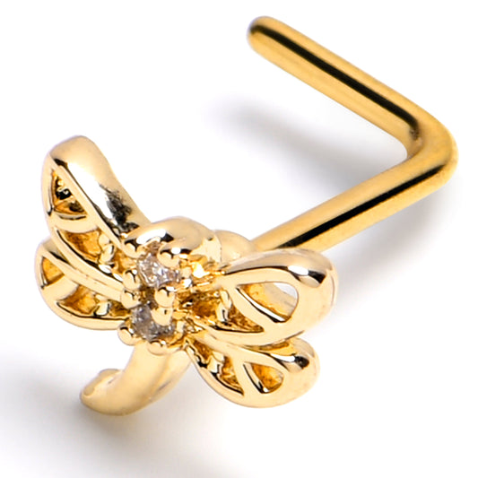 20G 7mm Clear Gem Gold Tone Filigree Dragonfly L Shape Nose Ring