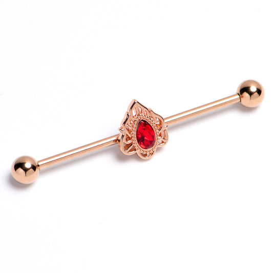 14G Red Gem Rose Gold Tone Firey Flame Industrial Barbell 38mm