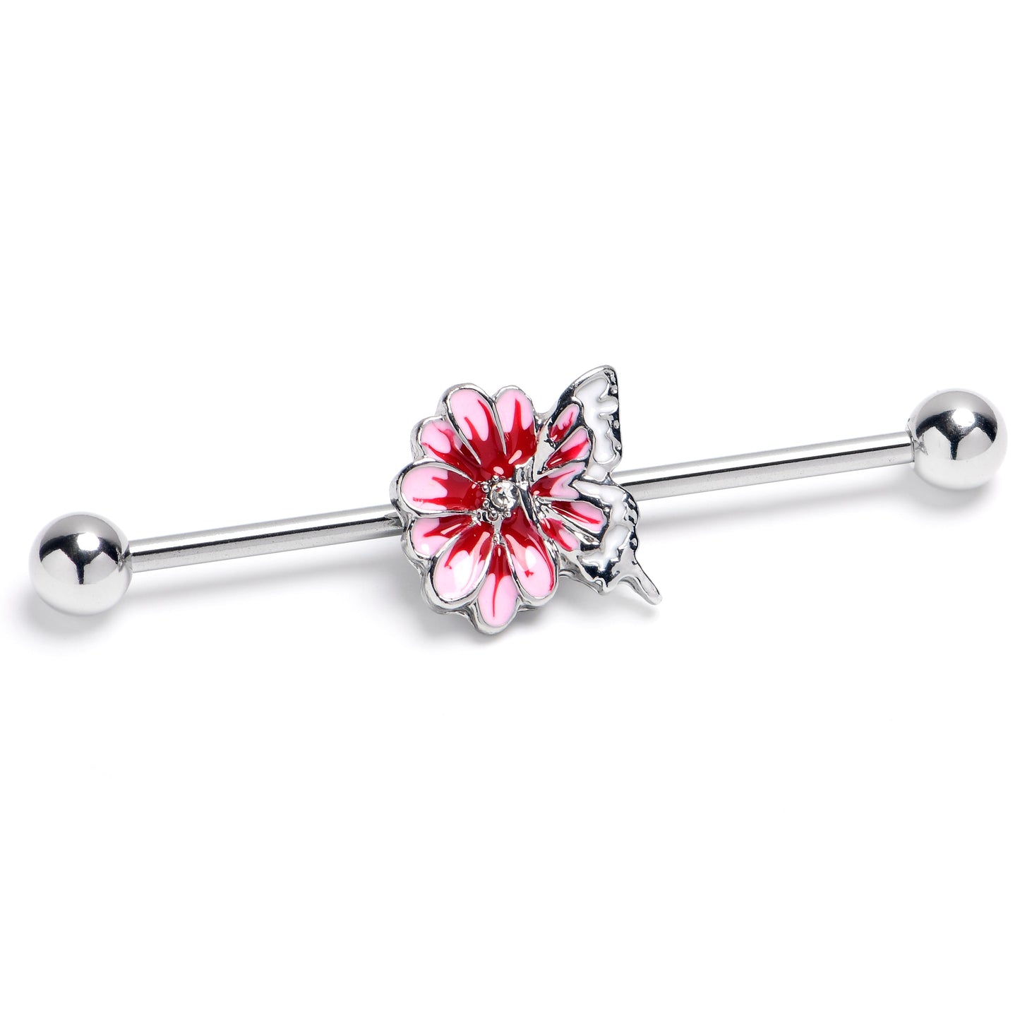14G Clear CZ Gem Butterfly Blossom Pink Industrial Barbell 38mm