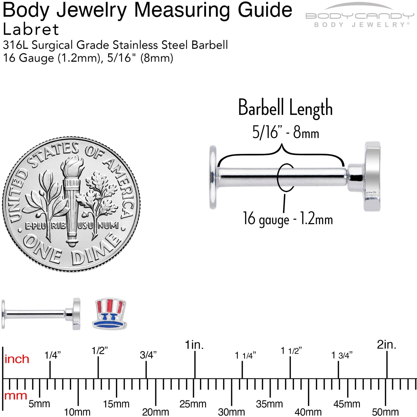 16G 5/16 Patriotic Uncle Sam Top Hat Labret Monroe Tragus