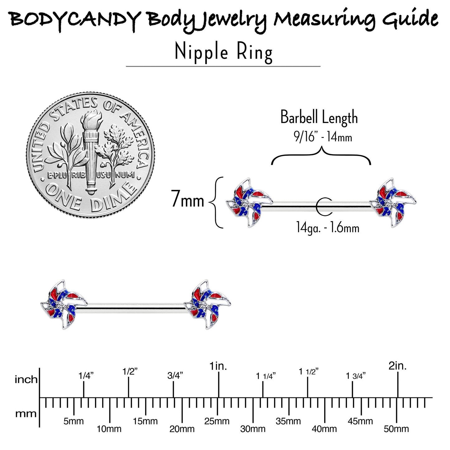 14G 9/16 Patriotic Pinwheel Barbell Nipple Ring Set