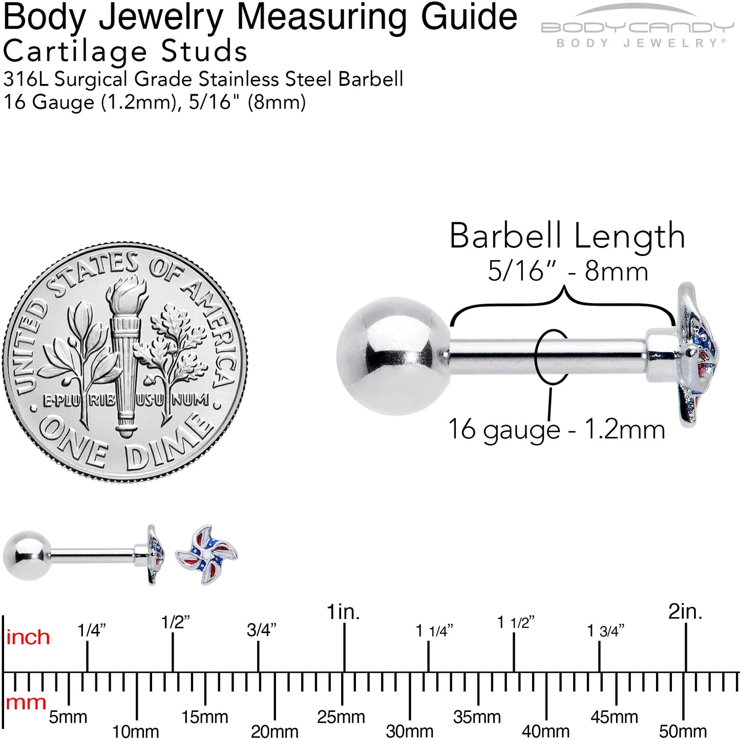 16G 1/4 Patriotic Pinwheel Cartilage Tragus Earring